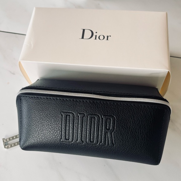 DIOR Black Faux Leather Cosmetic Pouch Makeup Bag Case Embossed Logo New - Picture 3 of 14